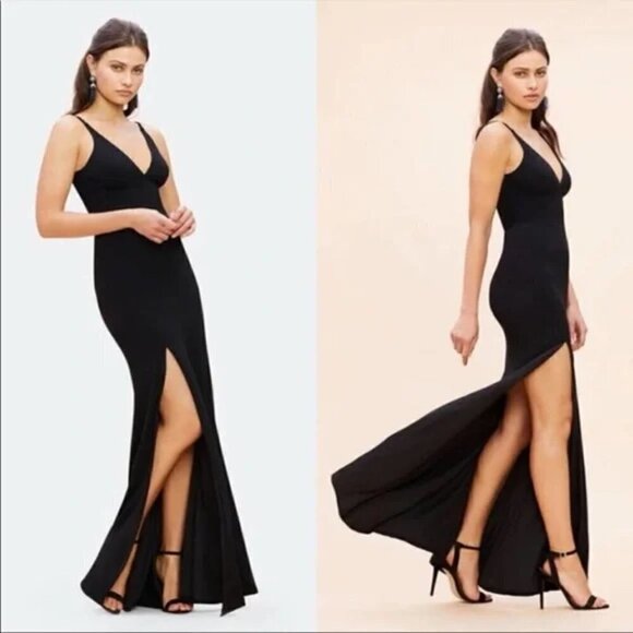 New Dress The Population Iris V-Neck Side Slit Crepe Black Evening Gown NWT XL - Picture 2 of 9